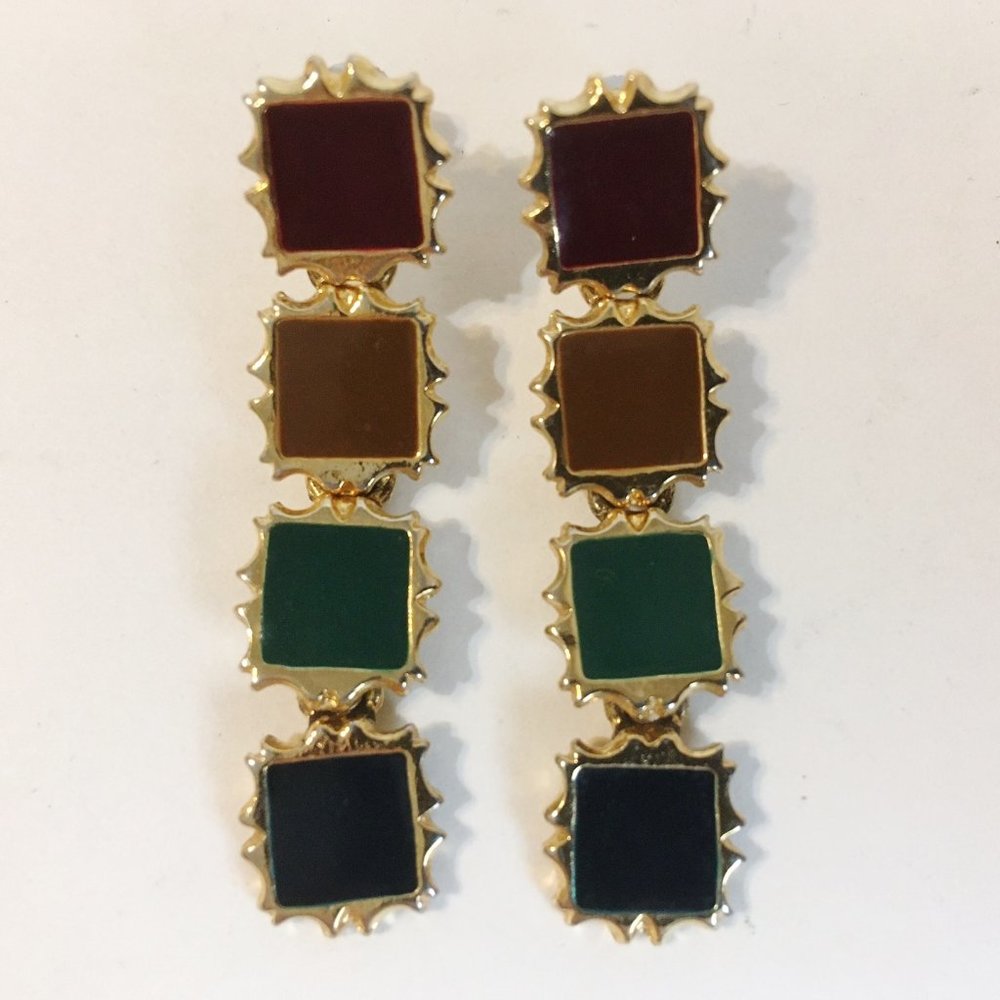 Square Drop Earrings 4 Color Enamel Tiers Gold Tone Metal Pierced Post Dangle